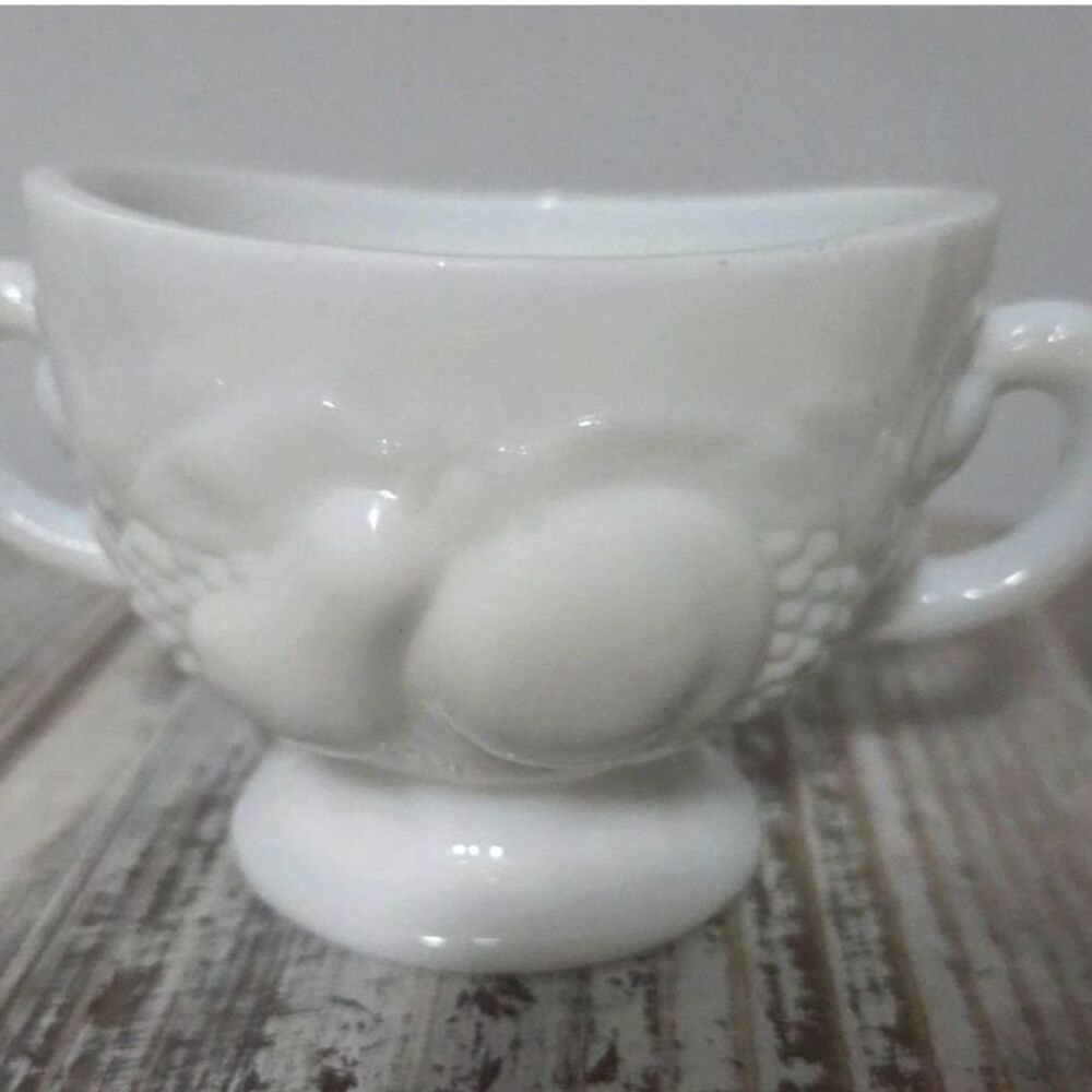 Vintage Milk Glass Sugar Bowl with Raised Fruit Design / Two-sided handles.